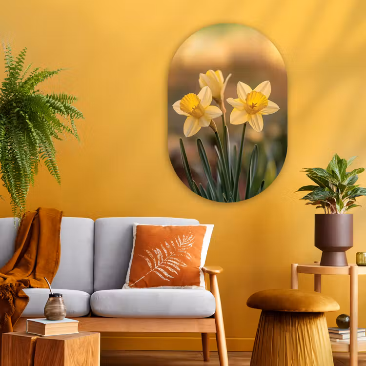 Bloemen - Geel - Wazig Wandcirkel Ovaal Glas middel -sfeer4