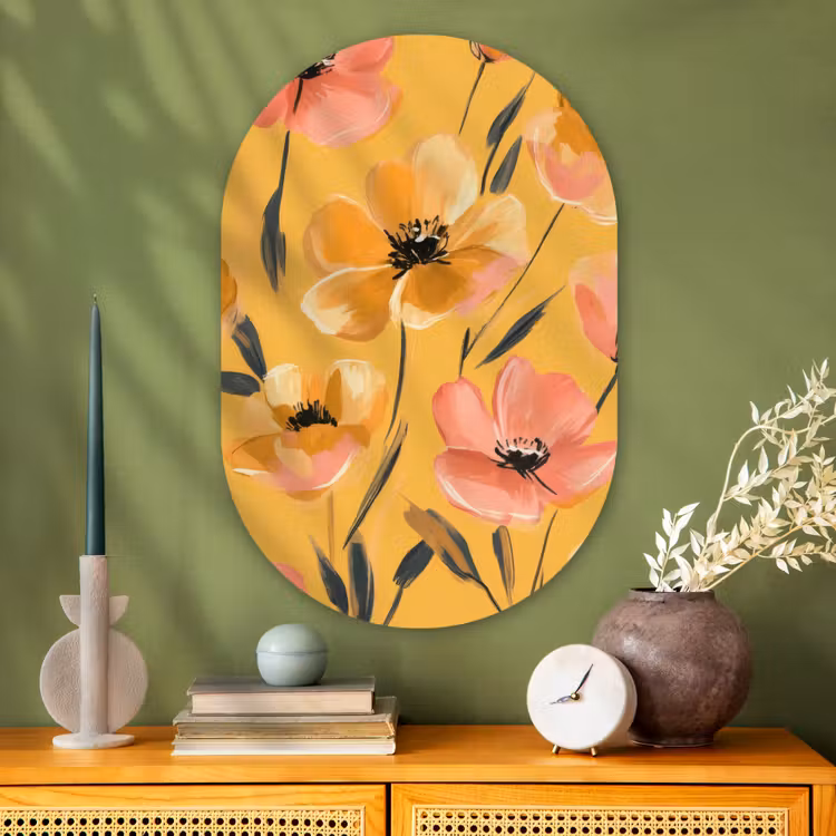 Bloemen - Geschilderd - Geel Wandcirkel Ovaal Glas middel -sfeer2