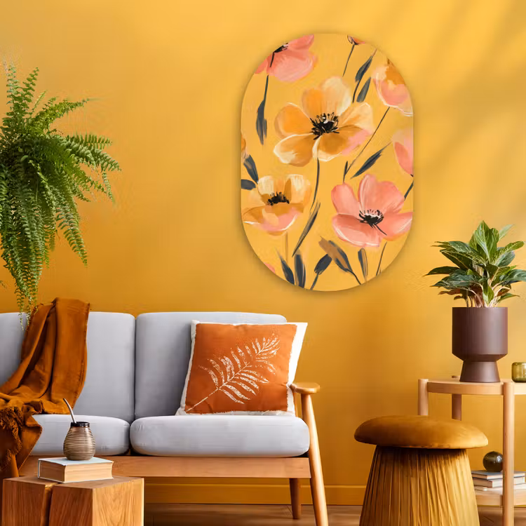 Bloemen - Geschilderd - Geel Wandcirkel Ovaal Glas middel -sfeer4