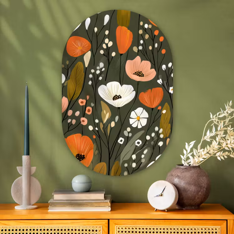 Bloemen - Illustratie - Groen Wandcirkel Ovaal Glas middel -sfeer2