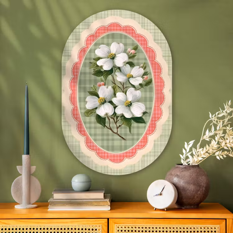 Bloemen - Illustratie - Geruit - Groen Wandcirkel Ovaal Glas middel -sfeer2