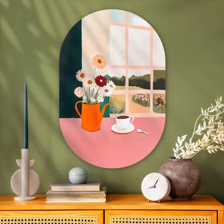 Bloemen - Koffie - Raam Wandcirkel Ovaal Glas middel -sfeer2