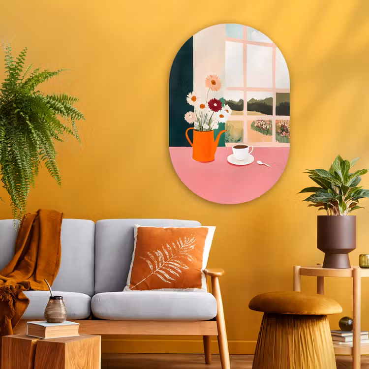 Bloemen - Koffie - Raam Wandcirkel Ovaal Glas middel -sfeer4