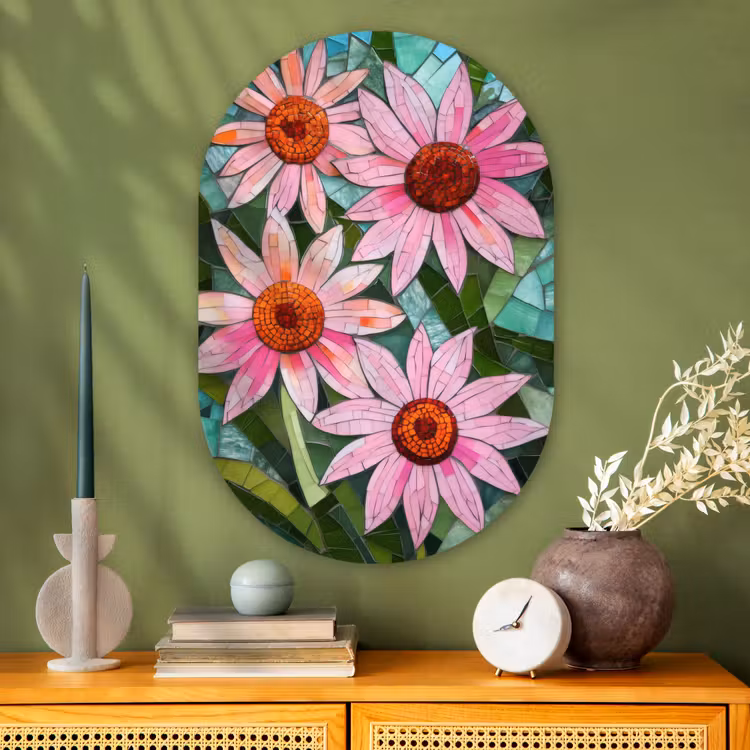 Bloemen - Roze - Glasmozaïek Wandcirkel Ovaal Glas middel -sfeer2