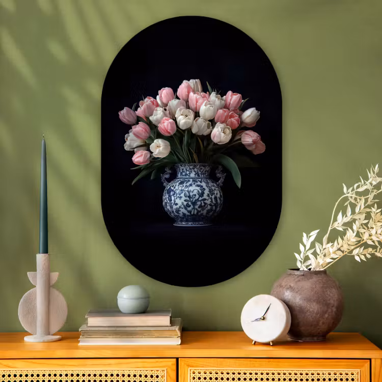 Bloemen - Roze - Tulpen - Vaas Wandcirkel Ovaal Glas middel -sfeer2