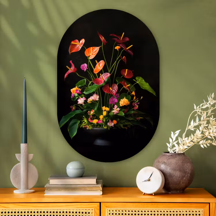 Bloemen - Vaas - Kleurrijk Wandcirkel Ovaal Glas middel -sfeer2