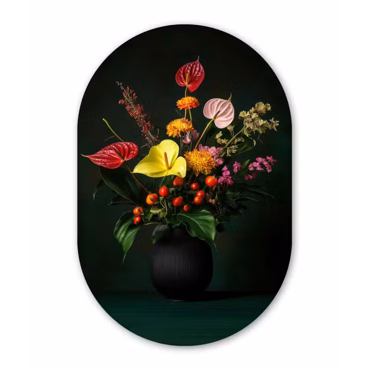 Bloemen - Vaas - Zwart Wandcirkel Ovaal Glas middel -3d