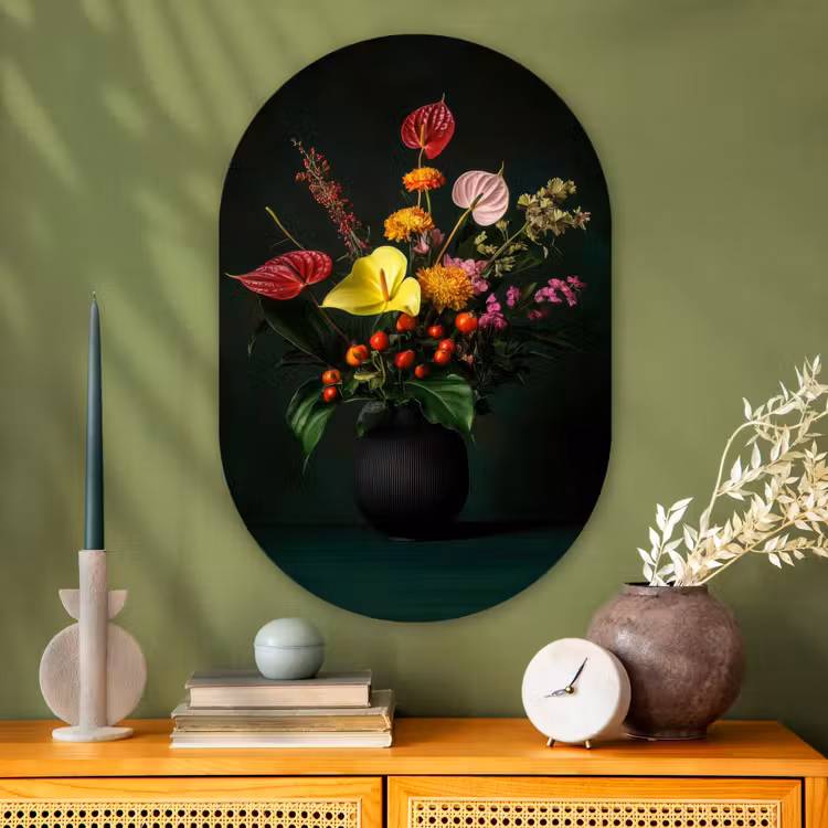 Bloemen - Vaas - Zwart Wandcirkel Ovaal Glas middel -sfeer2