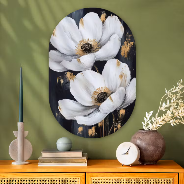 Bloemen - Wit - Abstract Wandcirkel Ovaal Glas middel -sfeer2