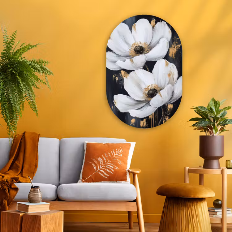Bloemen - Wit - Abstract Wandcirkel Ovaal Glas middel -sfeer4