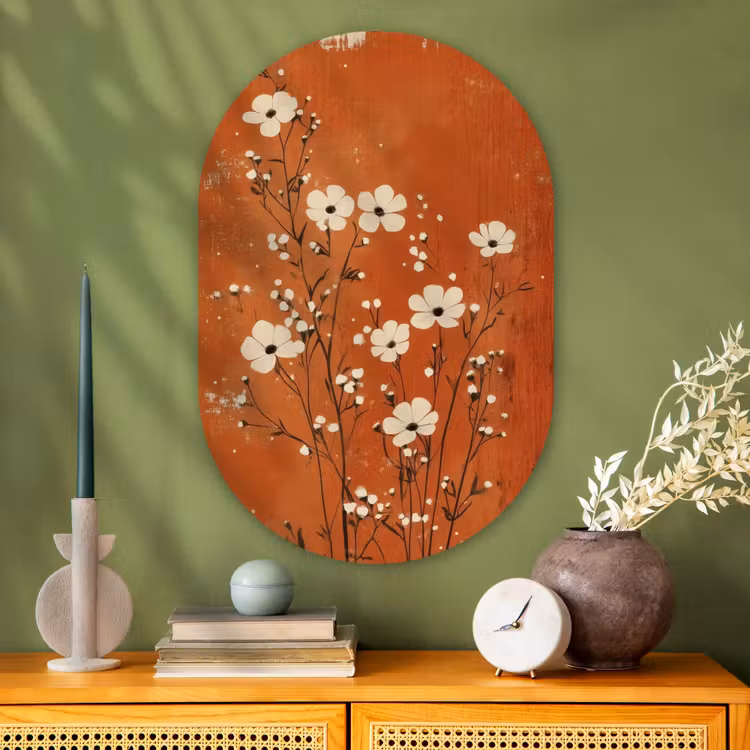 Bloemen - Wit - Subtiel - Roestkleur Wandcirkel Ovaal Glas middel -sfeer2