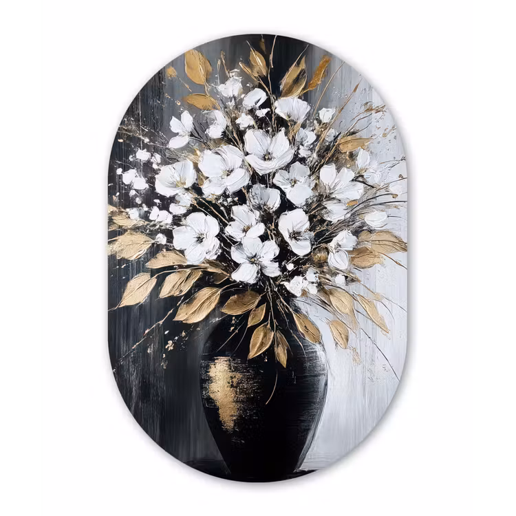 Bloemen - Wit - Vaas - Abstract Wandcirkel Ovaal Glas middel -3d