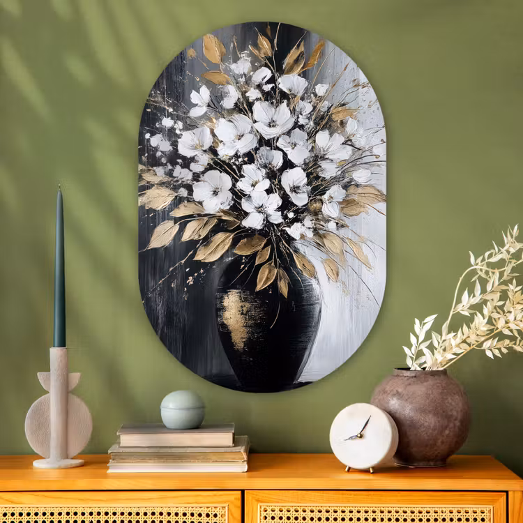 Bloemen - Wit - Vaas - Abstract Wandcirkel Ovaal Glas middel -sfeer2