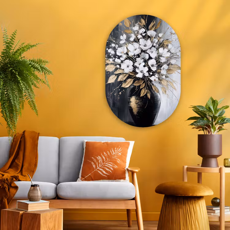 Bloemen - Wit - Vaas - Abstract Wandcirkel Ovaal Glas middel -sfeer4