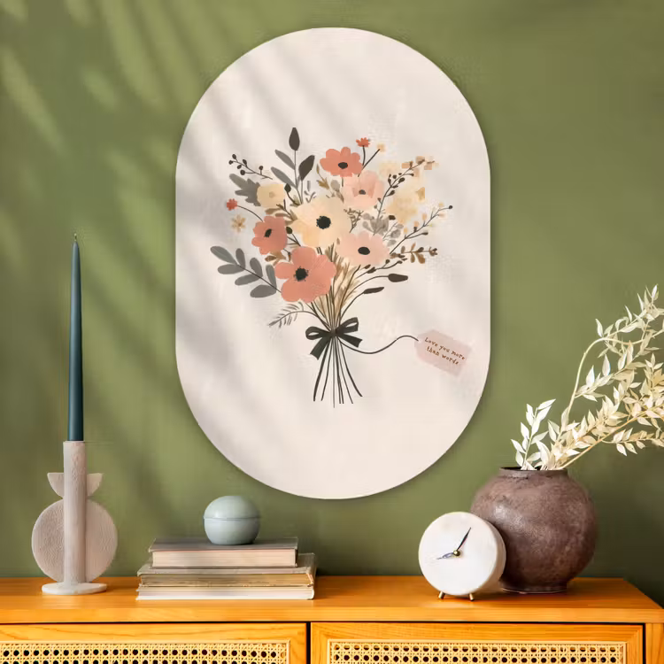 Bloemen - Quote - Beige - Lint Wandcirkel Ovaal Glas middel -sfeer2