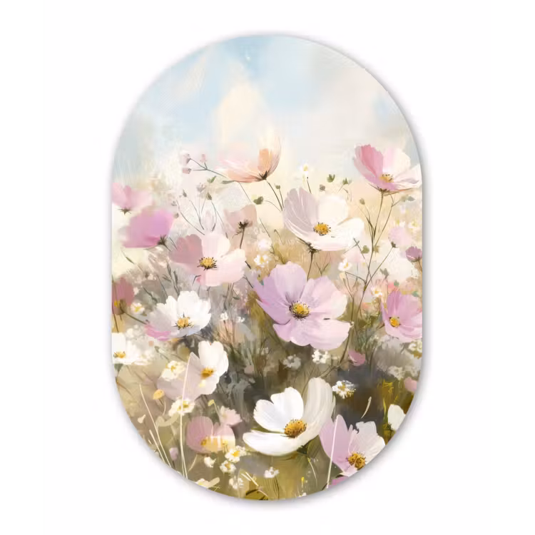 Bloemenveld - Lichte tinten - Geschilderd Wandcirkel Ovaal Glas middel -3d