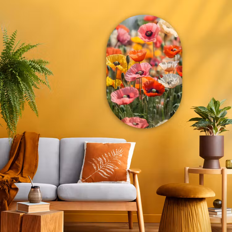 Bloemenveld - Klaprozen - Kleurrijk Wandcirkel Ovaal Glas middel -sfeer4
