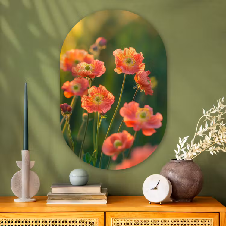 Bloemenveld - Zonnestralen - Oranje Wandcirkel Ovaal Glas middel -sfeer2