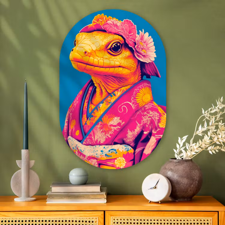 Bloemenkrans - Hagedis - Kimono - Paars Wandcirkel Ovaal Glas middel -sfeer2