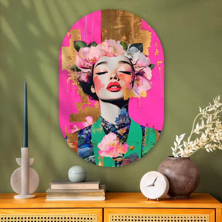 Bloemenkroon - Goud - Vrouw - Portret Wandcirkel Ovaal Glas middel -sfeer2
