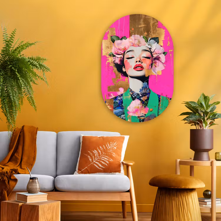 Bloemenkroon - Goud - Vrouw - Portret Wandcirkel Ovaal Glas middel -sfeer4