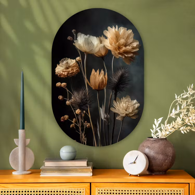 Boeket - Bloemen - Licht - Zwart Wandcirkel Ovaal Glas middel -sfeer2