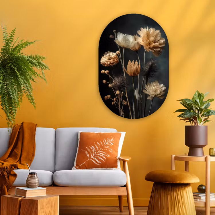 Boeket - Bloemen - Licht - Zwart Wandcirkel Ovaal Glas middel -sfeer4