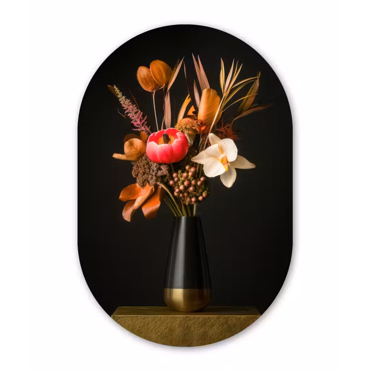 Boeket - Oranje - Gouden - vaas Wandcirkel Ovaal Glas middel -3d