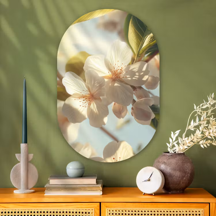 Bloesems - Wit - Zonnestralen - Bloemblaadjes Wandcirkel Ovaal Glas middel -sfeer2