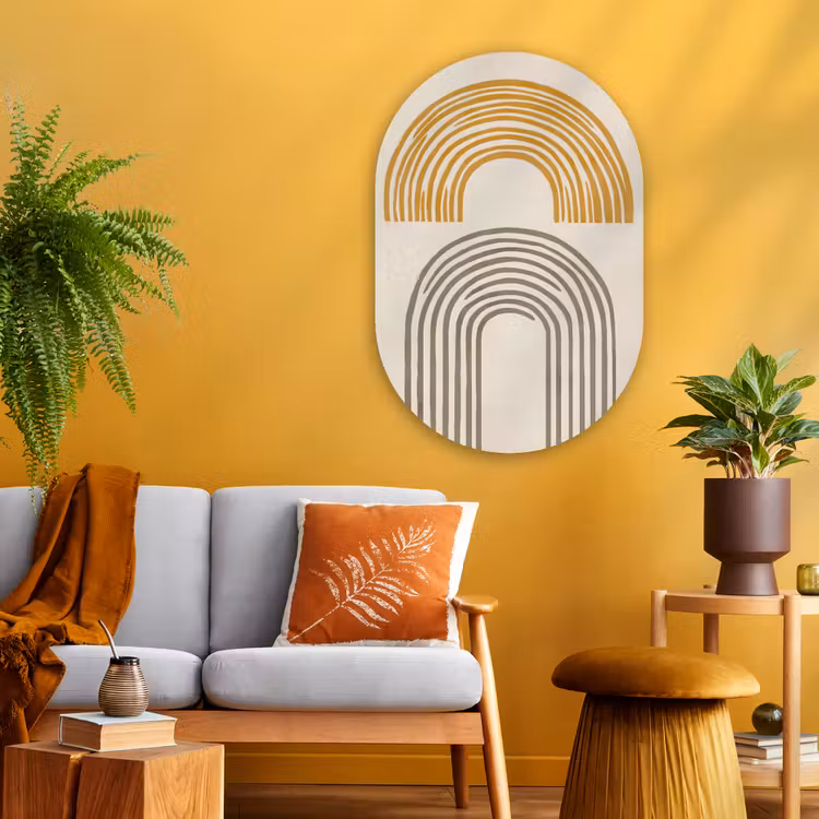 Bogen - Lijnen - Oranje - Minimalistisch Wandcirkel Ovaal Glas middel -sfeer4