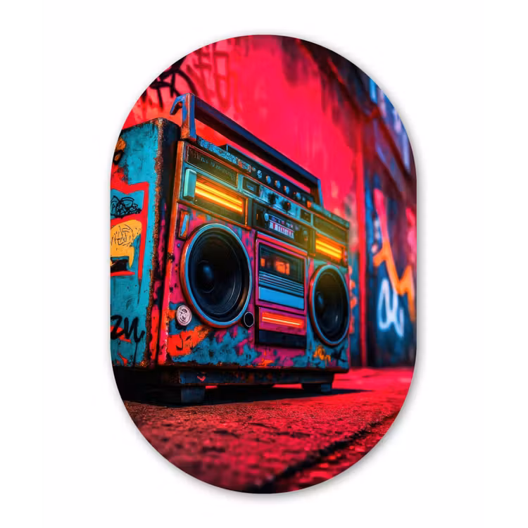 Boombox - Rood - Graffiti - Neon Wandcirkel Ovaal Glas middel -3d