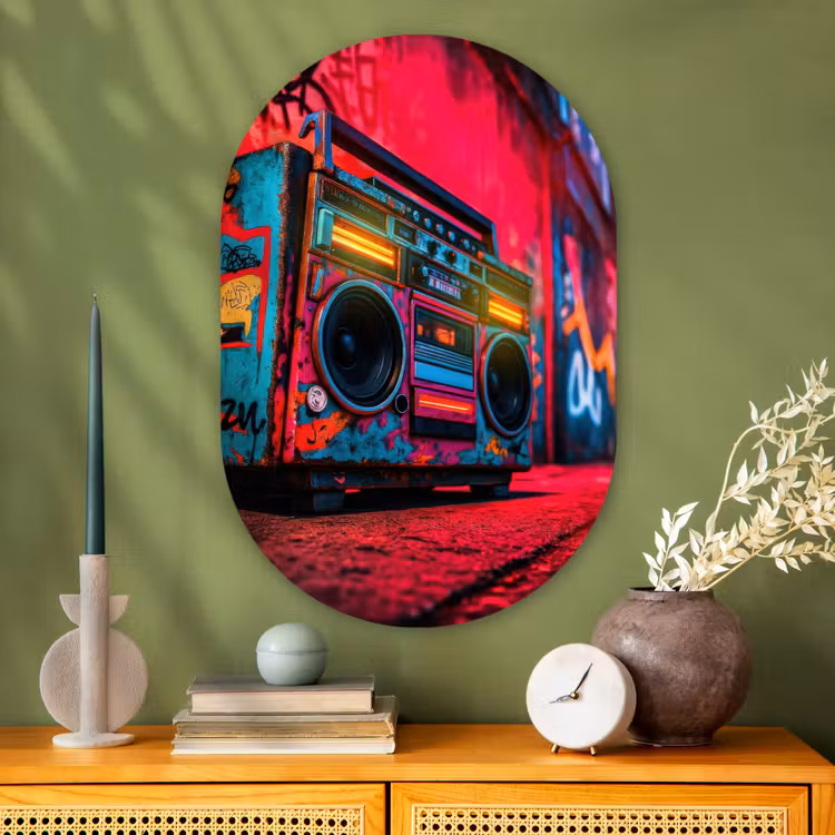 Boombox - Rood - Graffiti - Neon Wandcirkel Ovaal Glas middel -sfeer2