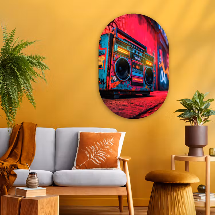 Boombox - Rood - Graffiti - Neon Wandcirkel Ovaal Glas middel -sfeer4