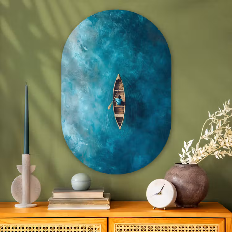Bootje - Water - Blauw Wandcirkel Ovaal Glas middel -sfeer2