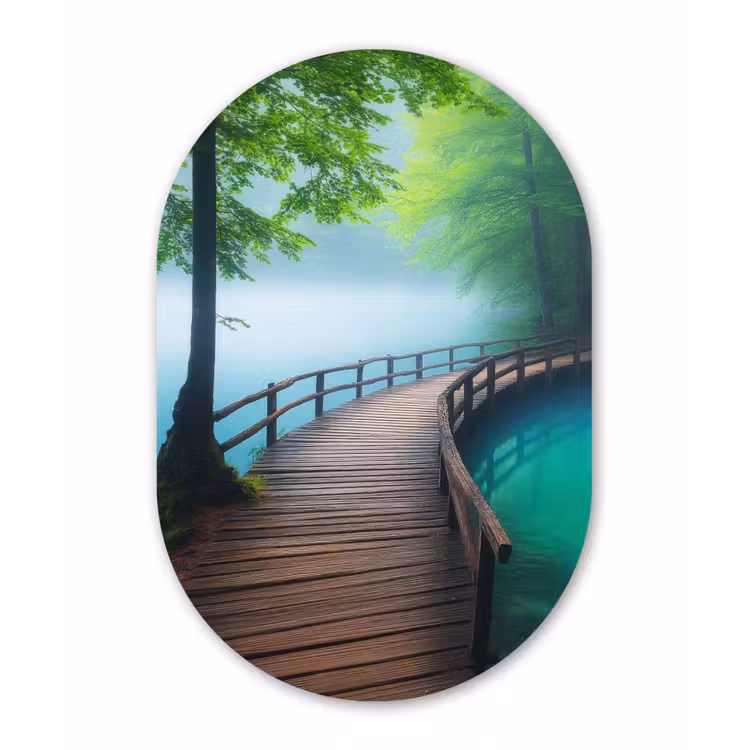Brug - Water - Rivier - Bos Wandcirkel Ovaal Glas middel -3d