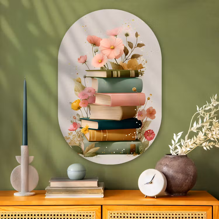 Boeken - Stapel - Bloemen - Kleurrijk Wandcirkel Ovaal Glas middel -sfeer2