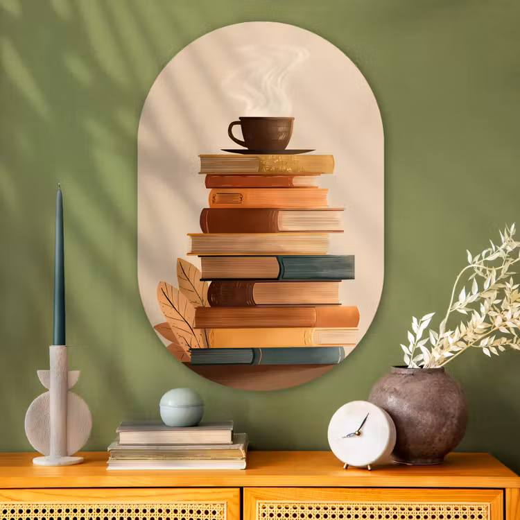 Boeken - Toren - Koffie - Beige Wandcirkel Ovaal Glas middel -sfeer2