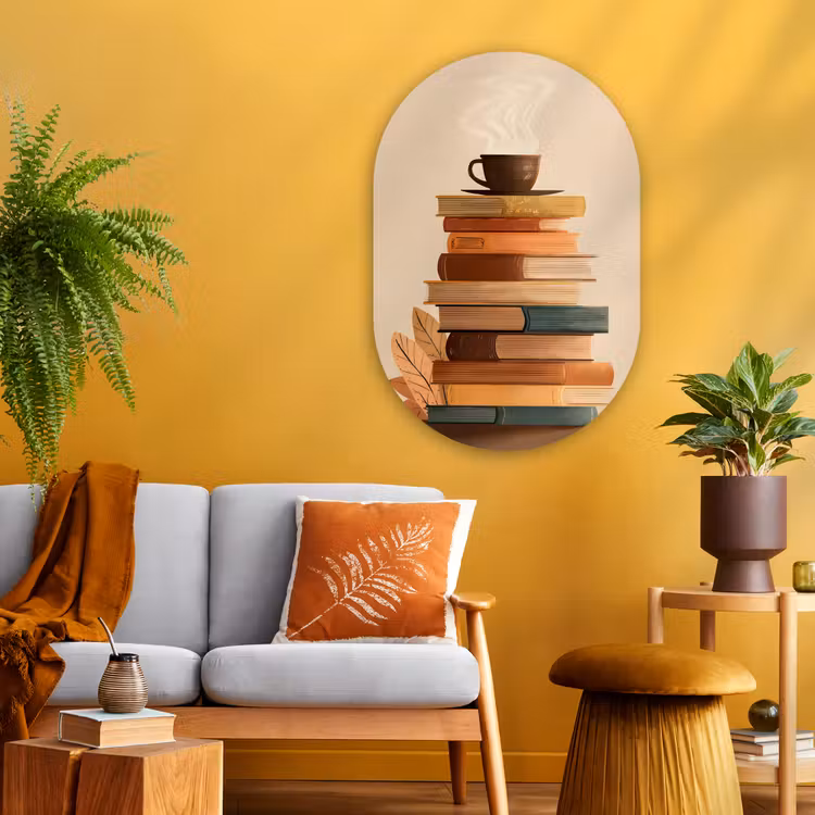 Boeken - Toren - Koffie - Beige Wandcirkel Ovaal Glas middel -sfeer4