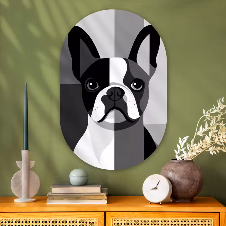 Buldog - Zwart - Abstract - Vlakken Wandcirkel Ovaal Glas middel -sfeer2