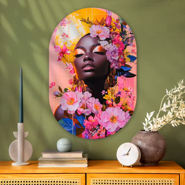 Kleurrijk - Bloemen - Vrouw - Zon Wandcirkel Ovaal Glas middel -sfeer2