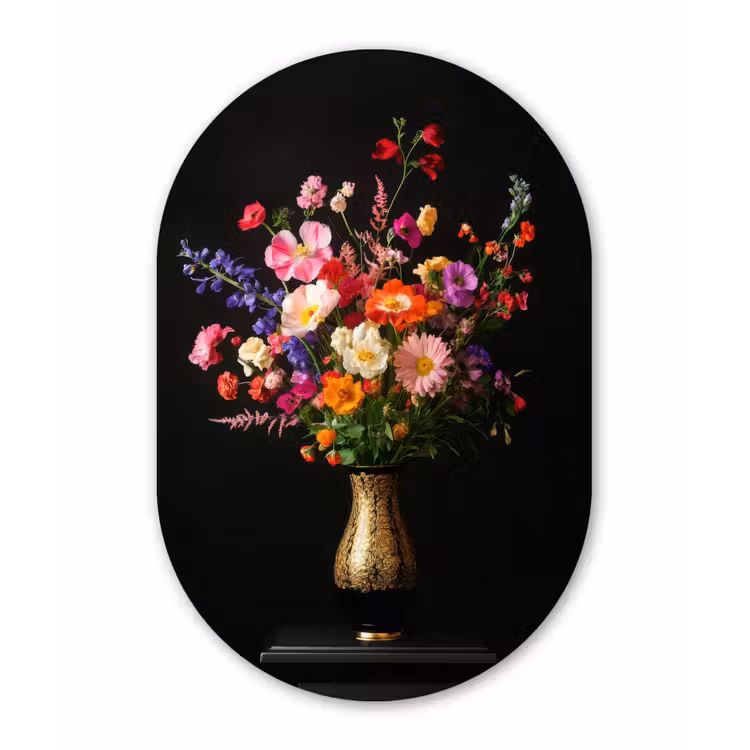 Kleurrijk - Boeket - Vaas - Goud Wandcirkel Ovaal Glas middel -3d