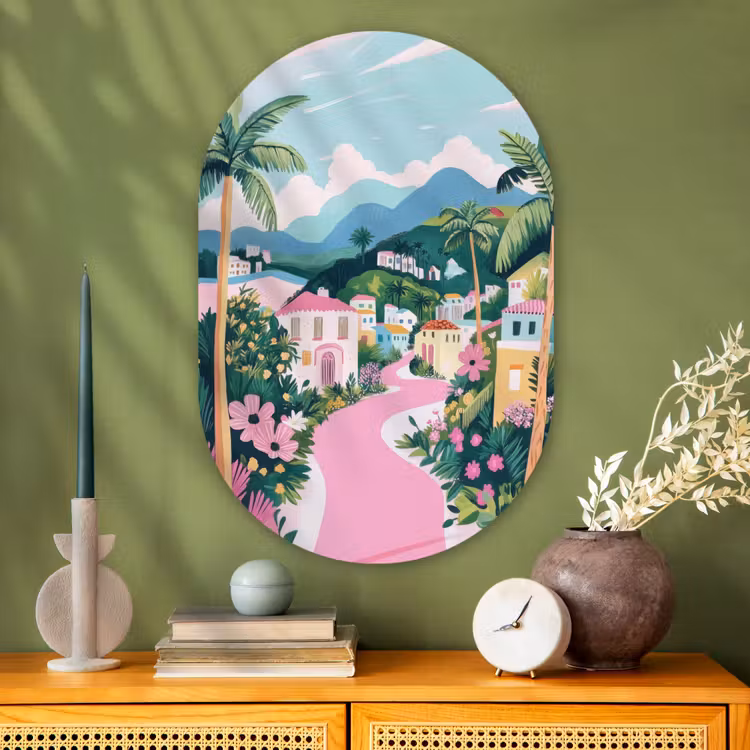 Kleurrijk - Huizen - Heuvels - Roze Wandcirkel Ovaal Glas middel -sfeer2