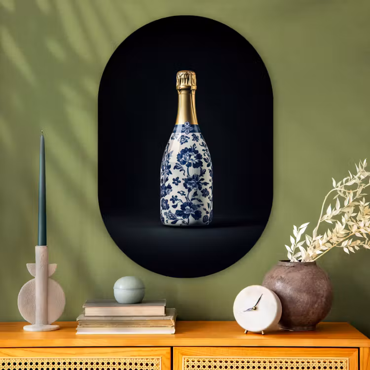 Champagne - Bloemen - Goud - Chique Wandcirkel Ovaal Glas middel -sfeer2