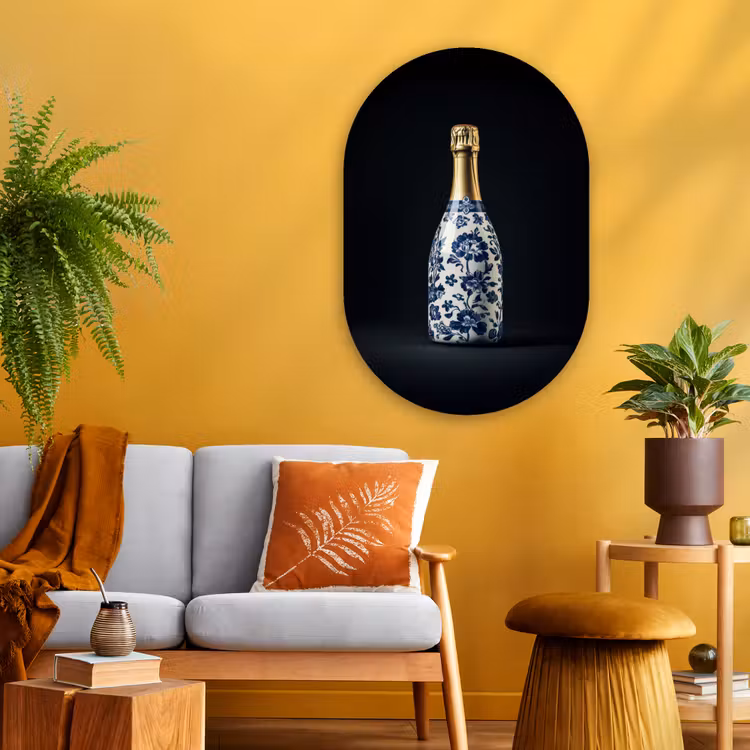 Champagne - Bloemen - Goud - Chique Wandcirkel Ovaal Glas middel -sfeer4