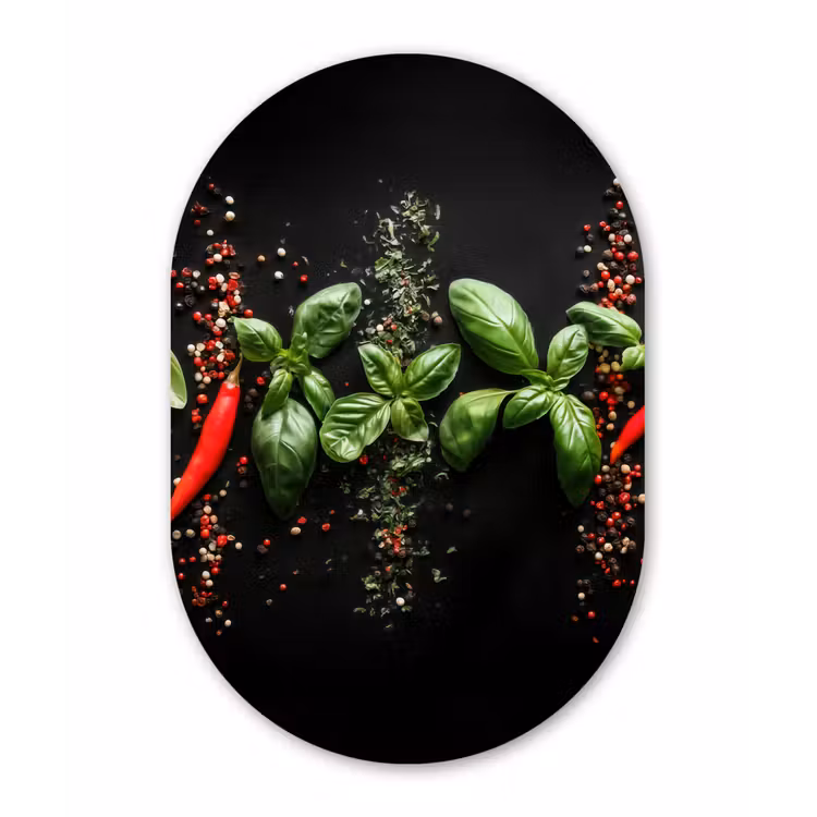 Chilipepers - Basilicum - Blaadjes - Rood Wandcirkel Ovaal Glas middel -3d