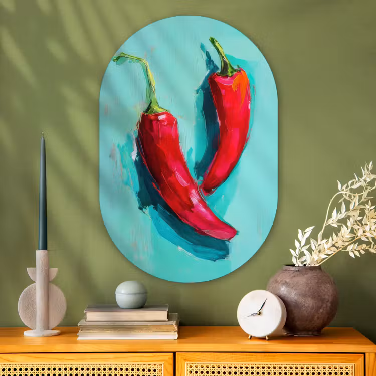 Chilipepers - Geverfd - Rood Wandcirkel Ovaal Glas middel -sfeer2
