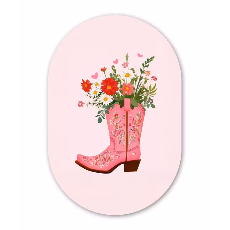 Cowboylaarzen - Roze - Boeket - Bloemen Wandcirkel Ovaal Glas middel -3d