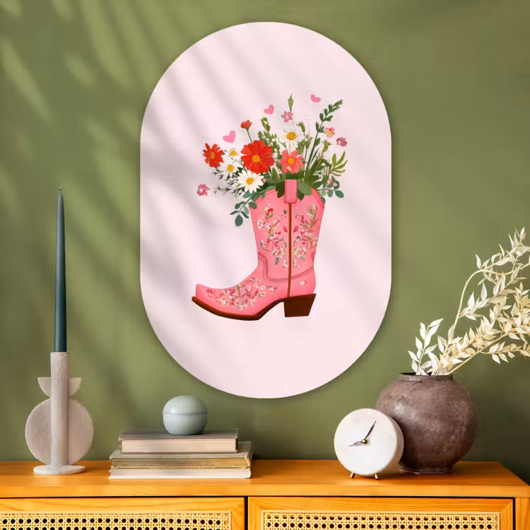 Cowboylaarzen - Roze - Boeket - Bloemen Wandcirkel Ovaal Glas middel -sfeer2