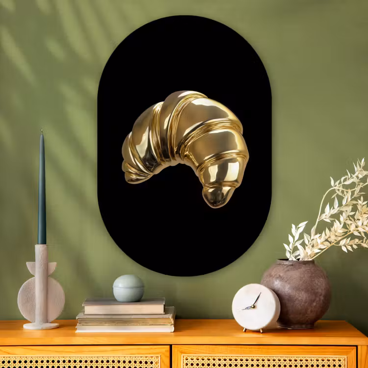 Croissant - Brood - Goud - Zwart Wandcirkel Ovaal Glas middel -sfeer2