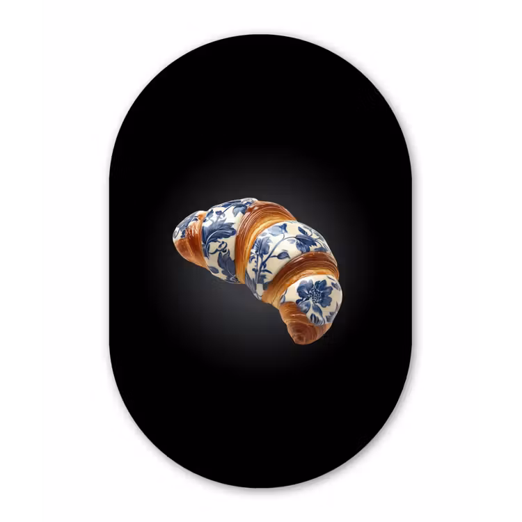 Croissant - Bloemenpatroon - Delftsblauw Wandcirkel Ovaal Glas middel -3d